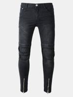 Biker Fold Holes Zipper Slim Ripped Jeans - thumbnail