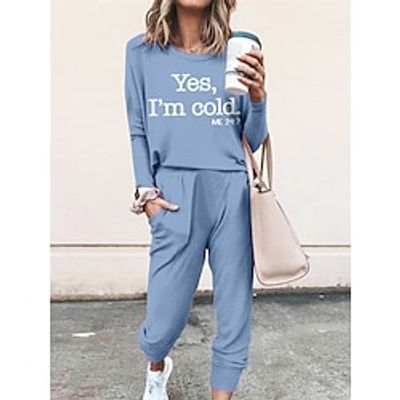 Women's Loungewear Sets Letter Fashion Comfort Street Daily Vacation Spandex Breathable Crew Neck Long Sleeve T shirt Tee Pant Pocket Elastic Waist Fall Winter Lotus Pink Black Lightinthebox