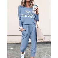 Women's Loungewear Sets Letter Fashion Comfort Street Daily Vacation Spandex Breathable Crew Neck Long Sleeve T shirt Tee Pant Pocket Elastic Waist Fall Winter Lotus Pink Black Lightinthebox - thumbnail