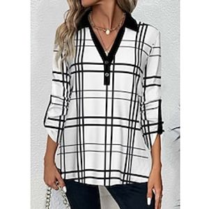 Women's Blouse Henley Top Plaid White Print Button Long Sleeve Casual Fashion Shirt Collar Regular Fit Spring   Fall Lightinthebox