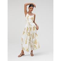 Satin Gold Leaf Print Swing Neck Jumpsuit