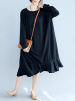 Casual Women Solid Long Sleeve O-Neck Ruffles Trumpet Dress