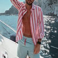 Men's Shirt Linen Shirt Summer Shirt Beach Shirt Cotton Linen Shirt Yellow Pink Navy Blue Long Sleeve Striped Turndown Spring Fall Hawaiian Holiday Clothing Apparel Button-Down Lightinthebox