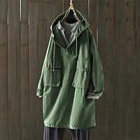 Women's Plus Size Trench Coat Pocket Plain Causal Vacation Long Sleeve Hoodie Long Fall Winter Khaki Green L XL XXL 3XL 4XL miniinthebox - thumbnail