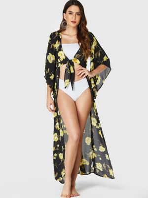 YOINS Black Random Floral Print Irregular Sleeves Kimono YOINS Black Random Floral Print Irregular Sleeves Kimono