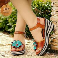 Women's Sandals Plus Size Handmade Shoes Outdoor Daily Vacation Rhinestone Flower Wedge Round Toe Bohemia Vintage Cute Walking Premium Leather Loafer Brown Lightinthebox