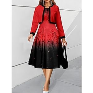 Women's Black Dress Two Piece Dress Set Party Dress Semi Formal Dress Party Outdoor Elegant Fashion Print Midi Dress Crew Neck Long Sleeve Ombre Floral Regular Fit Red Fall Winter Lightinthebox