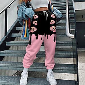 Women's Streetwear Sweatpants Comfort Halloween Weekend Jogger Pants Color Block Skull Full Length Elastic Drawstring Design Print Blue Purple Blushing Pink Orange Red Lightinthebox