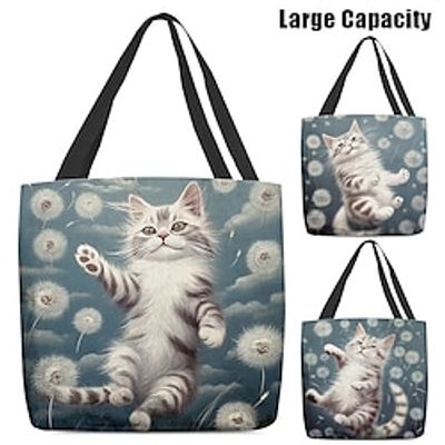 Women's Tote Shoulder Bag Canvas Tote Bag Polyester Shopping Daily Holiday Print Large Capacity Foldable Lightweight Cat Royal Blue Blue Light Blue Lightinthebox