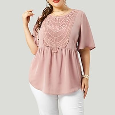 Women's Plus Size Tops Blouse Shirt Plain Lace Half Sleeve Crewneck Streetwear Daily Going out Polyester Fall Spring Green Blue miniinthebox