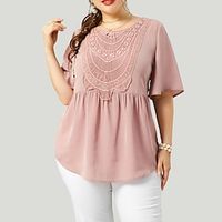 Women's Plus Size Tops Blouse Shirt Plain Lace Half Sleeve Crewneck Streetwear Daily Going out Polyester Fall Spring Green Blue miniinthebox - thumbnail