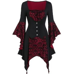 Women's Shirt Blouse Halloween Shirt Wine Purple Green Skull Lace Asymmetric Long Sleeve Casual Fashion Square Neck Regular Fit Bell Sleeve Spring   Fall Lightinthebox