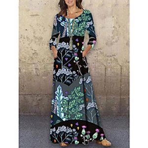 Women's Shift Dress Maxi long Dress Blue Green 3/4 Length Sleeve Floral Color Block Print Spring Summer Round Neck Casual Holiday 2021 S M L XL XXL 3XL miniinthebox