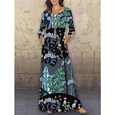 Women's Shift Dress Maxi long Dress Blue Green 3/4 Length Sleeve Floral Color Block Print Spring Summer Round Neck Casual Holiday 2021 S M L XL XXL 3XL miniinthebox
