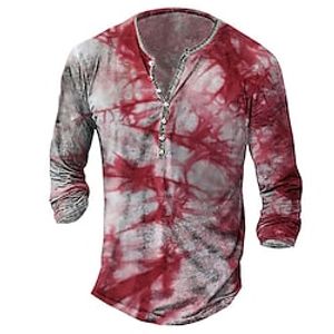 Men's T shirt Tee Henley Shirt Tee Graphic Abstract Henley Red 3D Print Plus Size Outdoor Daily Long Sleeve Button-Down Print Clothing Apparel Basic Designer Classic Comfortable / Sports miniinthebox