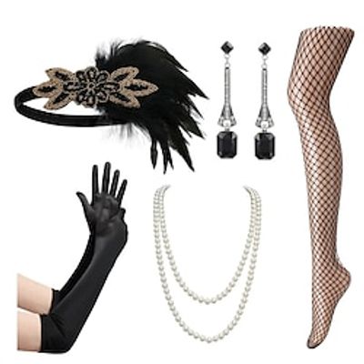 Set with Feather Flapper Headband Long Gloves Fishnet Stocking Earings Pearl Necklace Retro Vintage Roaring 20s 1920s Accesories Set The Great Gatsby Women's Cosplay Costume Carnival Party Evening miniinthebox
