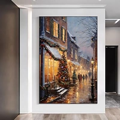 Famous Christmas landscape oil painting on canvas Handpainted Night View of Christmas Wall Art  Snowy Winter Handmade Christmas Wall Art  Winter City Landscape Painting Gifts miniinthebox