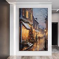 Famous Christmas landscape oil painting on canvas Handpainted Night View of Christmas Wall Art  Snowy Winter Handmade Christmas Wall Art  Winter City Landscape Painting Gifts miniinthebox - thumbnail
