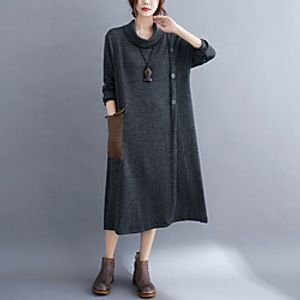 Women's Loose Midi Dress Grey Black Half Sleeve Solid Color Button Fall Spring Round Neck Casual 2021 L XL Lightinthebox
