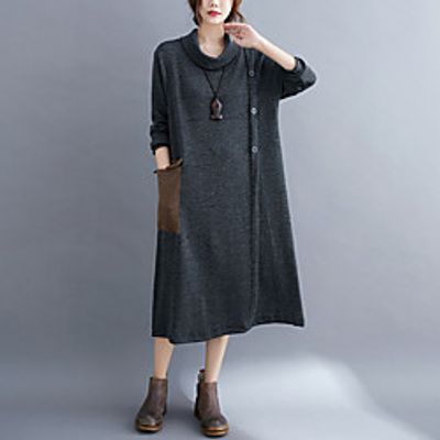 Women's Loose Midi Dress Grey Black Half Sleeve Solid Color Button Fall Spring Round Neck Casual 2021 L XL Lightinthebox