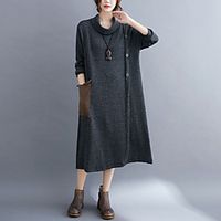 Women's Loose Midi Dress Grey Black Half Sleeve Solid Color Button Fall Spring Round Neck Casual 2021 L XL Lightinthebox - thumbnail