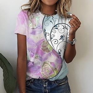 Women's T shirt Tee Green Blue Pink Floral Print Short Sleeve Casual Holiday Basic Round Neck Regular Floral Painting S  3D Print Lightinthebox