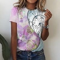 Women's T shirt Tee Green Blue Pink Floral Print Short Sleeve Casual Holiday Basic Round Neck Regular Floral Painting S  3D Print Lightinthebox - thumbnail