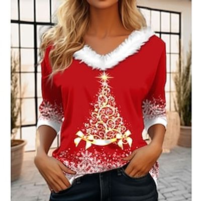 Women's T shirt Tee Christmas Shirt Pink Red Blue Christmas Tree Print Long Sleeve Party Christmas Weekend Festival / Holiday Print Christmas Fur collar V Neck Regular Fit Painting Fall  Winter miniinthebox