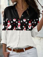 Fashionable Christmas Print Lapel Long Sleeve Casual Blouse