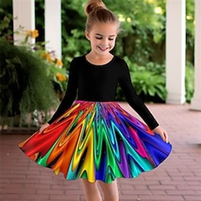 Carnival Girls' 3D Multi Color Dress Long Sleeve 3D Print Spring Fall Sports  Outdoor Daily Holiday Cute Casual Beautiful Kids 3-12 Years Casual Dress A Line Dress Above Knee Polyester Lightinthebox