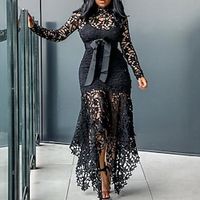 Women's Lace Dress Sheath Dress Long Dress Maxi Dress Green Black Blue Long Sleeve Pure Color Lace up Winter Fall Autumn Stand Collar Mature Winter Dress Fall Dress 2022 S M L XL 2XL 3XL 4XL 5XL Lightinthebox - thumbnail