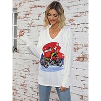 Women's Pullover Sweater Jumper V Neck Ribbed Knit Print Fall Winter Regular Christmas Xmas Stylish Soft Long Sleeve Santa Claus White Red S M L miniinthebox - thumbnail