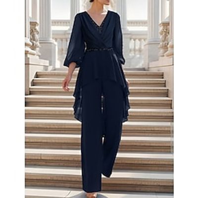 Jumpsuits Mother of the Bride Dress Wedding Guest Elegant V Neck Ankle Length Chiffon 34 Length Sleeve with Sequin Ruching Solid Color 2023 Lightinthebox Jumpsuits Mother of the Bride Dress Wedding Guest Elegant V Neck Ankle Length Chiffon 34 Length Sleeve with Sequin Ruching Solid Color 2023 Lightinthebox