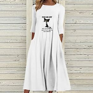 Women's Shift Dress Midi Dress White 34 Length Sleeve Cat Letter Animal Ruched Print Fall Winter Round Neck Casual Vacation 2022 S M L XL XXL 3XL Lightinthebox