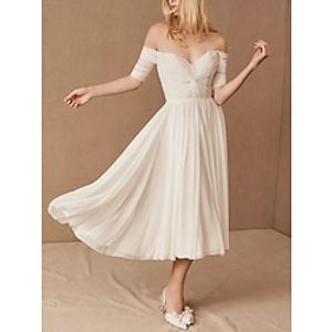 Little White Dresses Wedding Dresses A-Line Off Shoulder Short Sleeve Tea Length Chiffon Bridal Gowns With Pleats Ruched 2023 Lightinthebox