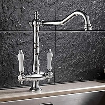 Twin Lever Traditional Kitchen Sink Mixer Taps, Dual Lever Cold and Hot Faucet Deck Mounted, 360° Swivel Spout Sink Tap with 2 Ceramic Handles, Antique Brass Classic Double Handle for Kitchen Bathroom Lightinthebox
