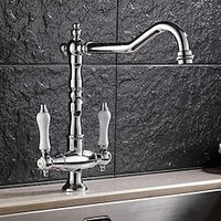 Twin Lever Traditional Kitchen Sink Mixer Taps, Dual Lever Cold and Hot Faucet Deck Mounted, 360° Swivel Spout Sink Tap with 2 Ceramic Handles, Antique Brass Classic Double Handle for Kitchen Bathroom Lightinthebox - thumbnail