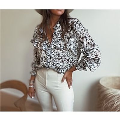 Women's Blouse Shirt Leopard Ruffle Button Print Standing Collar Casual Streetwear Tops Black / 3D Print miniinthebox Women's Blouse Shirt Leopard Ruffle Button Print Standing Collar Casual Streetwear Tops Black / 3D Print miniinthebox
