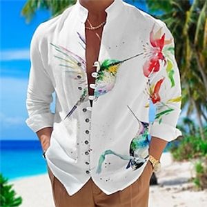 Men's Shirt Linen Shirt Floral Bird Graphic Prints Stand Collar Blue Purple Green Outdoor Street Long Sleeve Print Clothing Apparel Fashion Designer Casual Comfortable Lightinthebox