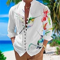 Men's Shirt Linen Shirt Floral Bird Graphic Prints Stand Collar Blue Purple Green Outdoor Street Long Sleeve Print Clothing Apparel Fashion Designer Casual Comfortable Lightinthebox - thumbnail