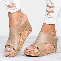 Women's Platform Wedge Sandals Open Toe Cut-out Slingback Heels Fashion Wood Grain Sandals Beige Brown Black Sandals Lightinthebox