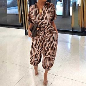 Women's Jumpsuit Pocket Print Striped Stand Collar Streetwear Street Going out Regular Fit Short Sleeve Brown White S M L Spring miniinthebox