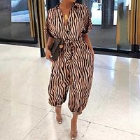 Women's Jumpsuit Pocket Print Striped Stand Collar Streetwear Street Going out Regular Fit Short Sleeve Brown White S M L Spring miniinthebox - thumbnail