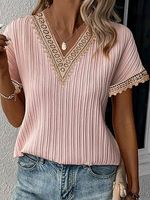 V-Neck Hollow Stitching Casual Loose Short-Sleeved Blouse