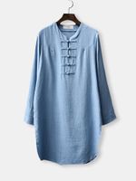 Vintage Long Sleeves ChineseButton Pure Color Shirt Dress