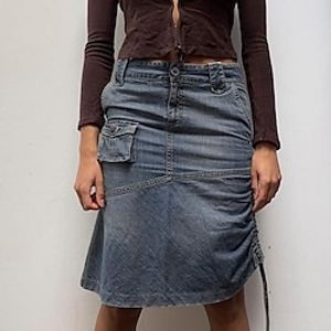 Women's A Line Cargo Skirt Denim Midi Skirt Midi Denim Blue Skirts Ruched Patchwork Pocket Retro Vintage Long Street Daily S M L miniinthebox