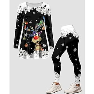 Christmas Shirt Ugly Christmas Shirt Women's Pants Sets Reindeer Black Print Long Sleeve Casual Festival Christmas Round Neck Regular Fit Spring   Fall Lightinthebox