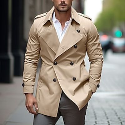 Men's Peacoat Trench Coat Daily Wear Going out Winter Polyester Thermal Warm Washable Outerwear Clothing Apparel Fashion Warm Ups Plain Pocket Lapel Double Breasted Lightinthebox