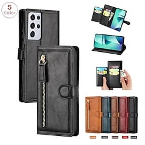 Phone Case For Samsung Galaxy Wallet Card S22 Ultra Plus S21 FE S20 A72 A52 Note 20 Ultra S10 S10 Plus Note 10 Note 10 Plus A71 A21s Wallet Zipper Full Body Protective Solid Colored PU Leather Lightinthebox