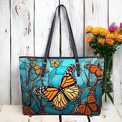 Women's Tote Shoulder Bag Hobo Bag PU Leather Shopping Daily Holiday Zipper Print Large Capacity Waterproof Butterfly Red Blue Light Blue Lightinthebox